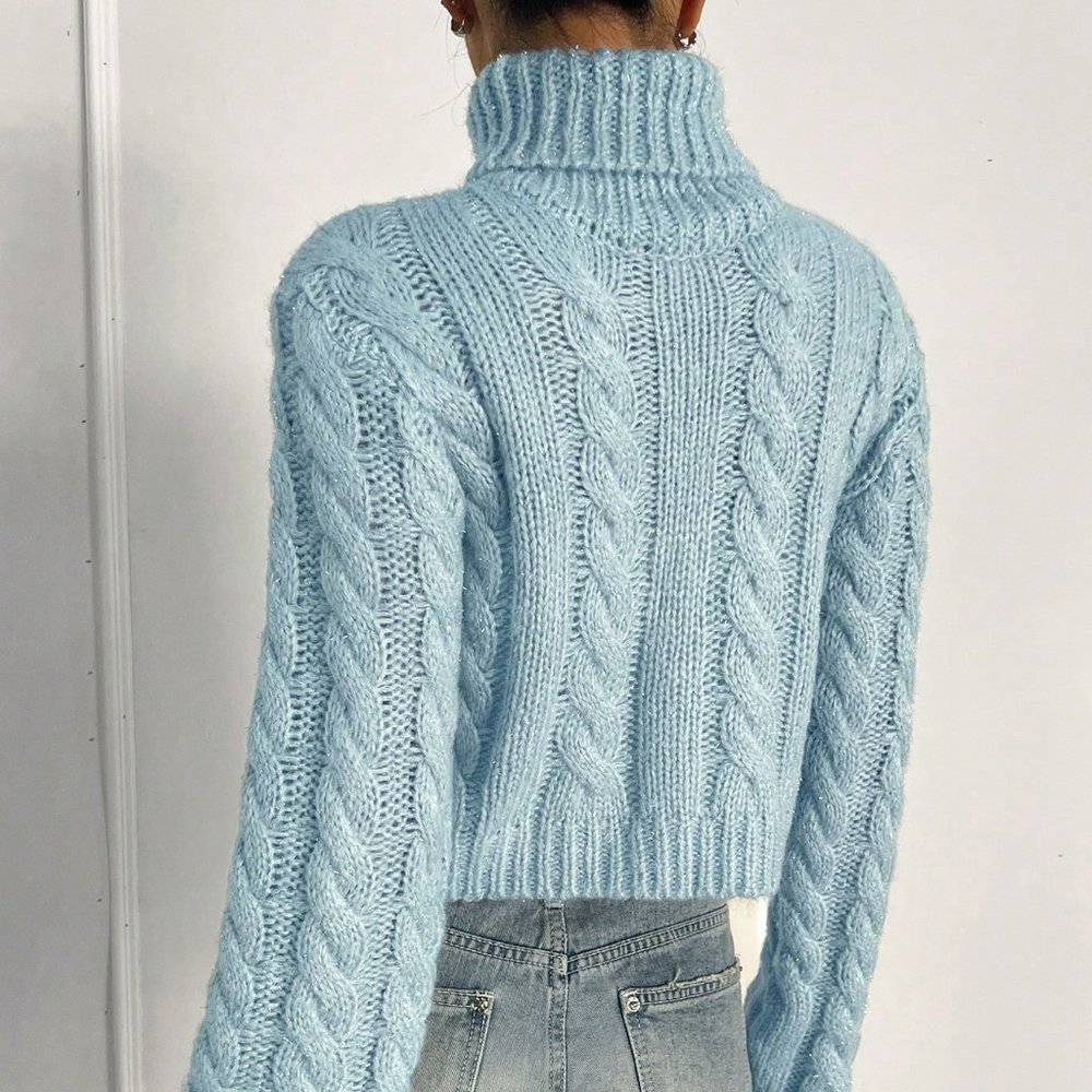 Blue Casual Womens Turtleneck Cable Knit Turtleneck Crop Sweater - Picture 2 of 7